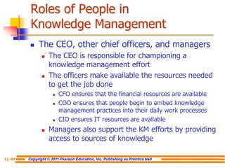 Copyright © 2011 Pearson Education, Inc. Publishing as Prentice Hall
11-44
Roles of People in
Knowledge Management
 The CEO, other chief officers, and managers
 The CEO is responsible for championing a
knowledge management effort
 The officers make available the resources needed
to get the job done
 CFO ensures that the financial resources are available
 COO ensures that people begin to embed knowledge
management practices into their daily work processes
 CIO ensures IT resources are available
 Managers also support the KM efforts by providing
access to sources of knowledge
 