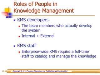 Copyright © 2011 Pearson Education, Inc. Publishing as Prentice Hall
11-46
Roles of People in
Knowledge Management
 KMS developers
 The team members who actually develop
the system
 Internal + External
 KMS staff
 Enterprise-wide KMS require a full-time
staff to catalog and manage the knowledge
 