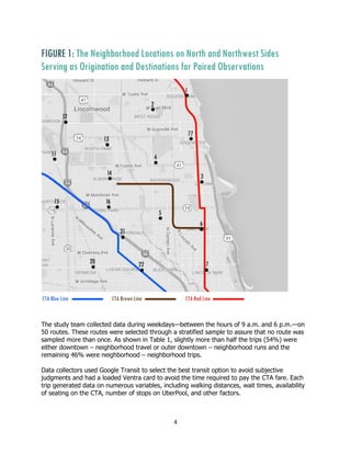 4
The study team collected data during weekdays—between the hours of 9 a.m. and 6 p.m.—on
50 routes. These routes were selected through a stratified sample to assure that no route was
sampled more than once. As shown in Table 1, slightly more than half the trips (54%) were
either downtown – neighborhood travel or outer downtown – neighborhood runs and the
remaining 46% were neighborhood – neighborhood trips.
Data collectors used Google Transit to select the best transit option to avoid subjective
judgments and had a loaded Ventra card to avoid the time required to pay the CTA fare. Each
trip generated data on numerous variables, including walking distances, wait times, availability
of seating on the CTA, number of stops on UberPool, and other factors.
 
