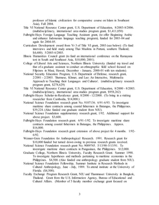 3
professor of Islamic civilization for comparative course on Islam in Southeast
Asia), Fall 2004.
Title VI National Resource Center grant, U.S. Department of Education, 8/2003-8/2006.
(multidisciplinary, international area studies program grant, $1,411,050)
Fulbright-Hays Foreign Language Teaching Assistant grant, (to offer Beginning Arabic
and enhance Indonesian language teaching program), funded for 2003-04 and
again for 2004-05.
Curriculum Development award from Yr 3 of Title VI grant, 2003 (see below): (To fund
interviews and field study among Thai Muslims in Pattani, southern Thailand;
$4,600). 5/2003-6/2003.
Illinois Humanities Council grant (to fund an international conference on the Ramayana
text in South and Southeast Asia, $10,000; 2001).
College of Liberal Arts and Sciences, Northern Illinois University (funded my travel and
that of a graduate assistant to conduct an ethnographic field school focused on
Filipinos in Maui, Hawaii, December - January, 2000-01 with ten students).
National Security Education Program, U.S. Department of Defense, research grant,
2/2001 - 2/2003. 'Burmese, Khmer, and Lao: An Interactive, Multimedia
Approach to Teaching their Languages and Cultures'. (multidisciplinary research
program grant, $278,629)
Title VI National Resource Center grant, U.S. Department of Education, 8/2000 - 8/2003.
(multidisciplinary, international area studies program grant, $958,262)
Fulbright-Hayes Scholar-in-Residence grant, 8/2000 - 12/2000. (To bring in a visiting
researcher from Cambodia, $14,000.)
National Science Foundation research grant No. 9107136. 6/91-6/93. To investigate
maritime share contracts among coastal fishermen in Batangas, the Philippines.
$39,224. (Also funded one graduate student from NIU).
National Science Foundation supplementary research grant, 1/92. Additional support for
above project. $3,600.
Fulbright-Hays Foundation research grant. 6/91-1/92. To investigate maritime share
contracts among coastal fishermen in Batangas, the Philippines. Approx.
$16,000.
Fulbright-Hays Foundation research grant extension of above project for 4 months. 1/92-
6/92.
Wenner-Gren Foundation for Anthropological Research. 1991. Research grant for
$10,000 funded but turned down owing to previous research grants received.
National Science Foundation research grant No. 9009745. 5/13/90-5/13/91. To
investigate maritime share contracts in Pangasinan, the Philippines. $12,000.
Graduate College, Northern Illinois University, Faculty Research Grant. Summer 1990.
To investigate hypotheses and methods pertaining to maritime economies in the
Philippines. $4,500. (Also funded one anthropology graduate student from NIU).
National Science Foundation Fellowship, Summer Institute in Research Methods in
Cultural Anthropology, June - July, 1989. To attend institute at the University of
Florida. ($4,500).
Faculty Exchange Program Research Grant, NIU and Thammasat University in Bangkok,
Thailand. Grant from the U.S. Information Agency, Bureau of Educational and
Cultural Affairs. (Member of 5 faculty member exchange grant focused on
 