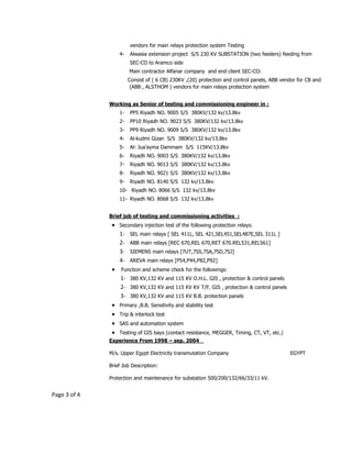 Page 3 of 4
vendors for main relays protection system Testing
4- Alwasia extension project S/S 230 KV SUBSTATION (two feeders) feeding from
SEC-CO to Aramco side
Main contractor Alfanar company and end client SEC-CO:
Consist of ( 6 CB) 230KV ,(20) protection and control panels, ABB vendor for CB and
(ABB , ALSTHOM ) vendors for main relays protection system
Working as Senior of testing and commissioning engineer in :
1- PP5 Riyadh NO. 9005 S/S 380KV/132 kv/13.8kv
2- PP10 Riyadh NO. 9023 S/S 380KV/132 kv/13.8kv
3- PP9 Riyadh NO. 9009 S/S 380KV/132 kv/13.8kv
4- Al-kudmi Gizan S/S 380KV/132 kv/13.8kv
5- Al- Jua'ayma Dammam S/S 115KV/13.8kv
6- Riyadh NO. 9003 S/S 380KV/132 kv/13.8kv
7- Riyadh NO. 9013 S/S 380KV/132 kv/13.8kv
8- Riyadh NO. 9021 S/S 380KV/132 kv/13.8kv
9- Riyadh NO. 8140 S/S 132 kv/13.8kv
10- Riyadh NO. 8066 S/S 132 kv/13.8kv
11- Riyadh NO. 8068 S/S 132 kv/13.8kv
Brief job of testing and commissioning activities :
 Secondary injection test of the following protection relays:
1- SEL main relays [ SEL 411L, SEL 421,SEL451,SEL487E,SEL 311L ]
2- ABB main relays [REC 670,REL 670,RET 670.REL531,REL561]
3- SIEMENS main relays [7UT,7SS,7SA,7SD,7SJ]
4- AREVA main relays [P54,P44,P82,P92]
 Function and scheme check for the followings:
1- 380 KV,132 KV and 115 KV O.H.L. GIS , protection & control panels
2- 380 KV,132 KV and 115 KV KV T/F. GIS , protection & control panels
3- 380 KV,132 KV and 115 KV B.B. protection panels
 Primary ,B.B. Sensitivity and stability test
 Trip & interlock test
 SAS and automation system
 Testing of GIS bays (contact resistance, MEGGER, Timing, CT, VT, etc.)
Experience From 1998 – sep. 2004
M/s. Upper Egypt Electricity transmutation Company EGYPT
Brief Job Description:
Protection and maintenance for substation 500/200/132/66/33/11 kV.
 