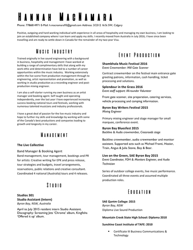 Hannah Mac Resum Music Industry - Hannah Mac Resume Music Industry 1 638 