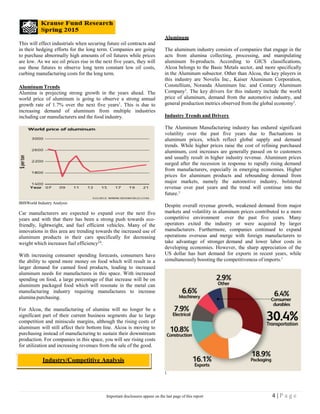This will effect industrials when securing future oil contracts and
in their hedging efforts for the long term. Companies are going
to purchase abnormally high amounts of oil futures while prices
are low. As we see oil prices rise in the next five years, they will
use those futures to observe long term constant low oil costs,
curbing manufacturing costs for the long term.
Aluminum Trends
Alumina is projecting strong growth in the years ahead. The
world price of aluminum is going to observe a strong annual
growth rate of 1.7% over the next five years1
. This is due to
increasing demand of aluminum from multiple industries
including car manufacturers and the food industry.
Aluminum
The aluminum industry consists of companies that engage in the
acts from alumina collecting, processing, and manipulating
aluminum bi-products. According to GICS classifications,
Alcoa belongs to the Basic Metals sector, and more specifically
in the Aluminum subsector. Other than Alcoa, the key players in
this industry are Novelis Inc., Kaiser Aluminum Corporation,
Constellium, Noranda Aluminum Inc. and Century Aluminum
Company1
. The key drivers for this industry include the world
price of aluminum, demand from the automotive industry, and
general production metrics observed from the global economy1
.
Industry Trends and Drivers
IBISWorld Industry Analysis
Car manufacturers are expected to expand over the next five
years and with that there has been a strong push towards eco-
friendly, lightweight, and fuel efficient vehicles. Many of the
innovations in this area are trending towards the increased use of
aluminum products in their cars specifically for decreasing
weight which increases fuel efficiency24
.
With increasing consumer spending forecasts, consumers have
the ability to spend more money on food which will result in a
larger demand for canned food products, leading to increased
aluminum needs for manufactures in this space. With increased
spending on food, a large percentage of that increase will be on
aluminum packaged food which will resonate in the metal can
manufacturing industry requiring manufactures to increase
alumina purchasing.
For Alcoa, the manufacturing of alumina will no longer be a
significant part of their current business segments due to large
competition and miniscule margins, although the rising costs of
aluminum will still affect their bottom line. Alcoa is moving to
purchasing instead of manufacturing to sustain their downstream
production. For companies in this space, you will see rising costs
for utilization and increasing revenues from the sale of the good.
The Aluminum Manufacturing industry has endured significant
volatility over the past five years due to fluctuations in
aluminum prices, which reflect global supply and demand
trends. While higher prices raise the cost of refining purchased
aluminum, cost increases are generally passed on to customers
and usually result in higher industry revenue. Aluminum prices
surged after the recession in response to rapidly rising demand
from manufacturers, especially in emerging economies. Higher
prices for aluminum products and rebounding demand from
major markets, namely the automotive industry, bolstered
revenue over past years and the trend will continue into the
future.1
Despite overall revenue growth, weakened demand from major
markets and volatility in aluminum prices contributed to a more
competitive environment over the past five years. Many
operators exited the industry or were acquired by larger
manufacturers. Furthermore, companies continued to expand
operations overseas and merge with foreign manufacturers to
take advantage of stronger demand and lower labor costs in
developing economies. However, the sharp appreciation of the
US dollar has hurt demand for exports in recent years, while
simultaneously boosting the competitiveness of imports.1
Industry/Competitive Analysis
1
4 | P a g eImportant disclosures appear on the last page of this report
 
