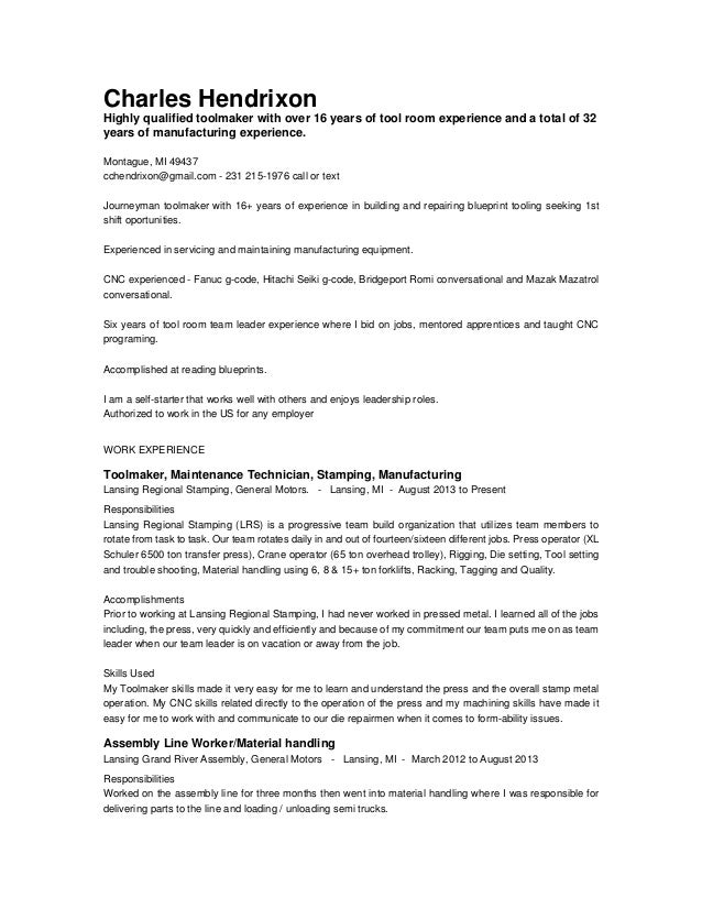 toolmaker resume assembly line worker job description resume
