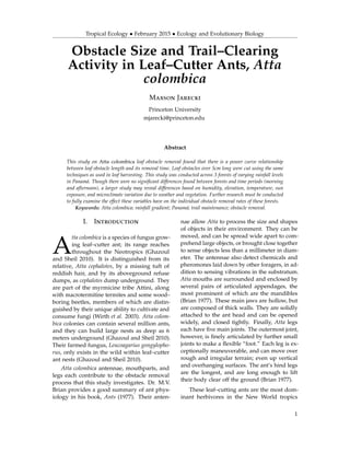Tropical Ecology • February 2015 • Ecology and Evolutionary Biology
Obstacle Size and Trail–Clearing
Activity in Leaf–Cutter Ants, Atta
colombica
Maxson Jarecki
Princeton University
mjarecki@princeton.edu
Abstract
This study on Atta colombica leaf obstacle removal found that there is a power curve relationship
between leaf obstacle length and its removal time. Leaf obstacles over 5cm long were cut using the same
techniques as used in leaf harvesting. This study was conducted across 3 forests of varying rainfall levels
in Panamá. Though there were no signiﬁcant differences found between forests and time periods (morning
and afternoon), a larger study may reveal differences based on humidity, elevation, temperature, sun
exposure, and microclimate variation due to weather and vegetation. Further research must be conducted
to fully examine the effect these variables have on the individual obstacle removal rates of these forests.
Keywords: Atta colombica; rainfall gradient; Panamá; trail maintenance; obstacle removal.
I. Introduction
A
tta colombica is a species of fungus grow-
ing leaf–cutter ant; its range reaches
throughout the Neotropics (Ghazoul
and Sheil 2010). It is distinguished from its
relative, Atta cephalotes, by a missing tuft of
reddish hair, and by its aboveground refuse
dumps, as cephalotes dump underground. They
are part of the myrmicine tribe Attini, along
with macrotermitine termites and some wood–
boring beetles, members of which are distin-
guished by their unique ability to cultivate and
consume fungi (Wirth et al. 2003). Atta colom-
bica colonies can contain several million ants,
and they can build large nests as deep as 6
meters underground (Ghazoul and Sheil 2010).
Their farmed fungus, Leucoagarius gongylopho-
rus, only exists in the wild within leaf–cutter
ant nests (Ghazoul and Sheil 2010).
Atta colombica antennae, mouthparts, and
legs each contribute to the obstacle removal
process that this study investigates. Dr. M.V.
Brian provides a good summary of ant phys-
iology in his book, Ants (1977). Their anten-
nae allow Atta to process the size and shapes
of objects in their environment. They can be
moved, and can be spread wide apart to com-
prehend large objects, or brought close together
to sense objects less than a millimeter in diam-
eter. The antennae also detect chemicals and
pheromones laid down by other foragers, in ad-
dition to sensing vibrations in the substratum.
Atta mouths are surrounded and enclosed by
several pairs of articulated appendages, the
most prominent of which are the mandibles
(Brian 1977). These main jaws are hollow, but
are composed of thick walls. They are solidly
attached to the ant head and can be opened
widely, and closed tightly. Finally, Atta legs
each have ﬁve main joints. The outermost joint,
however, is ﬁnely articulated by further small
joints to make a ﬂexible “foot.” Each leg is ex-
ceptionally maneuverable, and can move over
rough and irregular terrain; even up vertical
and overhanging surfaces. The ant’s hind legs
are the longest, and are long enough to lift
their body clear off the ground (Brian 1977).
These leaf–cutting ants are the most dom-
inant herbivores in the New World tropics
1
 