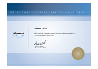 MICROSOFTCERTIFIEDPROFESSIONALMICROSOFTCERTIFIEDPROFESSIONALMICROSOFTCERTIFIEDPROFESSIONALMICROSOFTCERTIFIEDPROFESSIONALMICROSOFTCERTIFIEDPROFESSIONALMICROSOFTCERTIFIEDPROFESSIONALMICROSOFTCERTIFIEDPROFESSIONALMICROSOFTCERTIFIEDPROFESSIONALMICROSOFTCERTIFIEDPROFESSIONALMICROSOFTCERTIFIEDPROFESSIONALMICROSOFTCERTIFIEDPROFESSIONALMICROSOFTCERTIFIEDPROFESSIONALMICROSOFTCERTIFIEDPROFESSIONALMICROSOFTCERTIFIEDPROFESSIONALMICROSOFTCERTIFIEDPROFESSIONALMICROSOFTCERTIFIEDPROFESSIONALMICROSOFTCERTIFIEDPROFESSIONALMICROSOFTCERTIFIEDPROFESSIONALMICROSOFTCERTIFIEDPROFESSIONALMICROSOFTCERTIFIEDPROFESSIONALMICROSOFTCERTIFIEDPROFESSIONALMICROSOFTCERTIFIEDPROFESSIONALMICROSOFTCERTIFIEDPROFESSIONALMICROSOFTCERTIFIEDPROFESSIONALMICROSOFTCERTIFIED
MICROSOFTCERTIFIEDPROFESSIONALMICROSOFTCERTIFIEDPROFESSIONALMICROSOFTCERTIFIEDPROFESSIONALMICROSOFTCERTIFIEDPROFESSIONALMICROSOFTCERTIFIEDPROFESSIONALMICROSOFTCERTIFIEDPROFESSIONALMICROSOFTCERTIFIEDPROFESSIONALMICROSOFTCERTIFIEDPROFESSIONALMICROSOFTCERTIFIEDPROFESSIONALMICROSOFTCERTIFIEDPROFESSIONALMICROSOFTCERTIFIEDPROFESSIONALMICROSOFTCERTIFIEDPROFESSIONALMICROSOFTCERTIFIEDPROFESSIONALMICROSOFTCERTIFIEDPROFESSIONALMICROSOFTCERTIFIEDPROFESSIONALMICROSOFTCERTIFIEDPROFESSIONALMICROSOFTCERTIFIEDPROFESSIONALMICROSOFTCERTIFIEDPROFESSIONALMICROSOFTCERTIFIEDPROFESSIONALMICROSOFTCERTIFIEDPROFESSIONALMICROSOFTCERTIFIEDPROFESSIONALMICROSOFTCERTIFIEDPROFESSIONALMICROSOFTCERTIFIEDPROFESSIONALMICROSOFTCERTIFIEDPROFESSIONALMICROSOFTCERTIFIED
M I C R O S O F T C E R T I F I C A T E O F E X C E L L E N C E
Steven A. Ballmer
Chief Executive Ofﬁcer
SURENDRA K PATEL
Has successfully completed the requirements to be recognized as a
Microsoft® Certified Professional
 