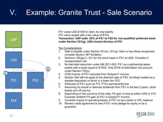 22
V. Example: Granite Trust - Sale Scenario
FS1 owes USS $100X in debt, its only liability
FS1 owns assets with a fair va...
