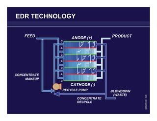 EDR TECHNOLOGY
Cl
_
Na
+
Na
+
Cl
_
Cl
_
Cl
_
Na+
ANODE (+)FEED PRODUCT
BLOWDOWN
(WASTE)
CATHODE (-)
Cl
_
Cl
_
Na
+
Na+
CONCENTRATE
MAKEUP
CONCENTRATE
RECYCLE
RECYCLE PUMP
C
A
C
A
C
A
C
SOURCE:GE
 