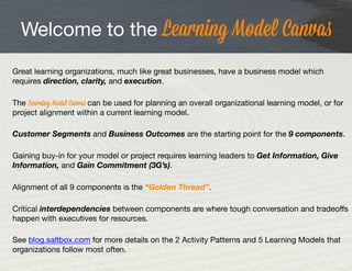 Great learning organizations, much like great businesses, have a business model which
requires direction, clarity, and execution. 

The Learning Model Canvas can be used for planning an overall organizational learning model, or for
project alignment within a current learning model.

Customer Segments and Business Outcomes are the starting point for the 9 components. 

Gaining buy-in for your model or project requires learning leaders to Get Information, Give
Information, and Gain Commitment (3G’s).

Alignment of all 9 components is the “Golden Thread”.

Critical interdependencies between components are where tough conversation and tradeoﬀs
happen with executives for resources.

See blog.saltbox.com for more details on the 2 Activity Patterns and 5 Learning Models that
organizations follow most often. 
Welcome to the Learning Model Canvas
 