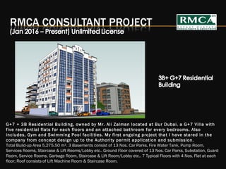 G+7 + 3B Residential Building, owned by Mr. Ali Zalman located at Bur Dubai. a G+7 Villa with
five residential flats for each floors and an attached bathroom for every bedrooms. Also
includes, Gym and Swimming Pool facilities. My first ongoing project that I have stared in the
company from concept design up to the Authority permit application and submission.
Total Build-up Area 5,275.50 m². 3 Basements consist of 13 Nos. Car Parks, Fire Water Tank, Pump Room,
Services Rooms, Staircase & Lift Rooms/Lobby etc.. Ground Floor covered of 13 Nos. Car Parks, Substation, Guard
Room, Service Rooms, Garbage Room, Staircase & Lift Room/Lobby etc.. 7 Typical Floors with 4 Nos. Flat at each
floor; Roof consists of Lift Machine Room & Staircase Room.
 