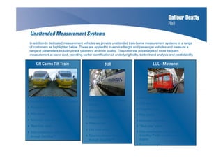 Unattended Measurement Systems
Inertial and Optical Geometry System
Precision GPS based location
Ride quality
Automatic data download
‘Real-time’ alerts
Data visualisation and analysis
through DataMapTM
Inertial and Optical Geometry
System
GPS and AWS based location
Automatic data download
Video survey
Link node model
Data visualisation and analysis
through DataMapTM
Inertial Geometry System
TAG based location
Triggered video
Ride quality
Automatic download
“Real-time” alerts
Data visualisation and analysis through
DataMapTM with synchronised data
display
Proven concept
In addition to dedicated measurement vehicles we provide unattended train-borne measurement systems to a range
of customers as highlighted below. These are applied to in-service freight and passenger vehicles and measure a
range of parameters including track geometry and ride quality. They offer the advantages of more frequent
measurement at lower cost, providing earlier identification of underlying faults, better trend analysis and predictability
QRQRQRQR Cairns Tilt TrainCairns Tilt TrainCairns Tilt TrainCairns Tilt Train NIRNIRNIRNIR LULLULLULLUL ---- MetronetMetronetMetronetMetronet
 