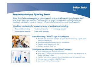 Remote Monitoring of Signalling Assets
Condition monitoring for a growing range of applications including:Condition monitoring for a growing range of applications including:Condition monitoring for a growing range of applications including:Condition monitoring for a growing range of applications including:
Relay and SSI Interlockings Track circuit monitoring Earth leakage detection
Points condition monitoring Power supply monitoring
Event MonitoringEvent MonitoringEvent MonitoringEvent Monitoring –––– AlertAlertAlertAlert’’’’TMTMTMTM range of data loggersrange of data loggersrange of data loggersrange of data loggers
Record & store information relating to all aspects of a rail interlocking – signals, points,
track, level crossings etc.
Record time stamped information to assist investigations
Typically used to analyse historic data
Similar to an aircraft ‘black box’
Intelligent Asset MonitoringIntelligent Asset MonitoringIntelligent Asset MonitoringIntelligent Asset Monitoring –––– AssetViewAssetViewAssetViewAssetViewTMTMTMTM softwaresoftwaresoftwaresoftware
Turns data from loggers into useful information
In line with UK’s ‘Intelligent Infrastructure Initiative’ and move from ‘Find and Fix’ to
‘Predict and Prevent’ culture
Uses data in a predictive manner to identify trends and predict performance of assets
Universal system compatible with all data loggers
User friendly Web based functionality
Balfour Beatty Rail provides a solution for monitoring a wide range of signalling assets this includes the AlertTM
range of data loggers and AssetViewTM software which turns data from loggers into useful information and
uses data in a predicative manner to drive more efficient and effective maintenance of signalling assets.
 
