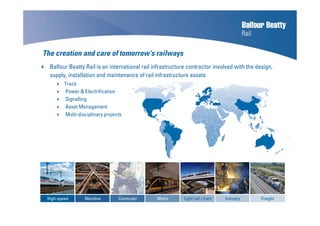 The creation and care of tomorrow’s railways
Balfour Beatty Rail is an international rail infrastructure contractor involved with the design,
supply, installation and maintenance of rail infrastructure assets
Track
Power & Electrification
Signalling
Asset Management
Multi-disciplinary projects
High-speed Mainline Commuter Metro Light rail / tram Industry Freight
 