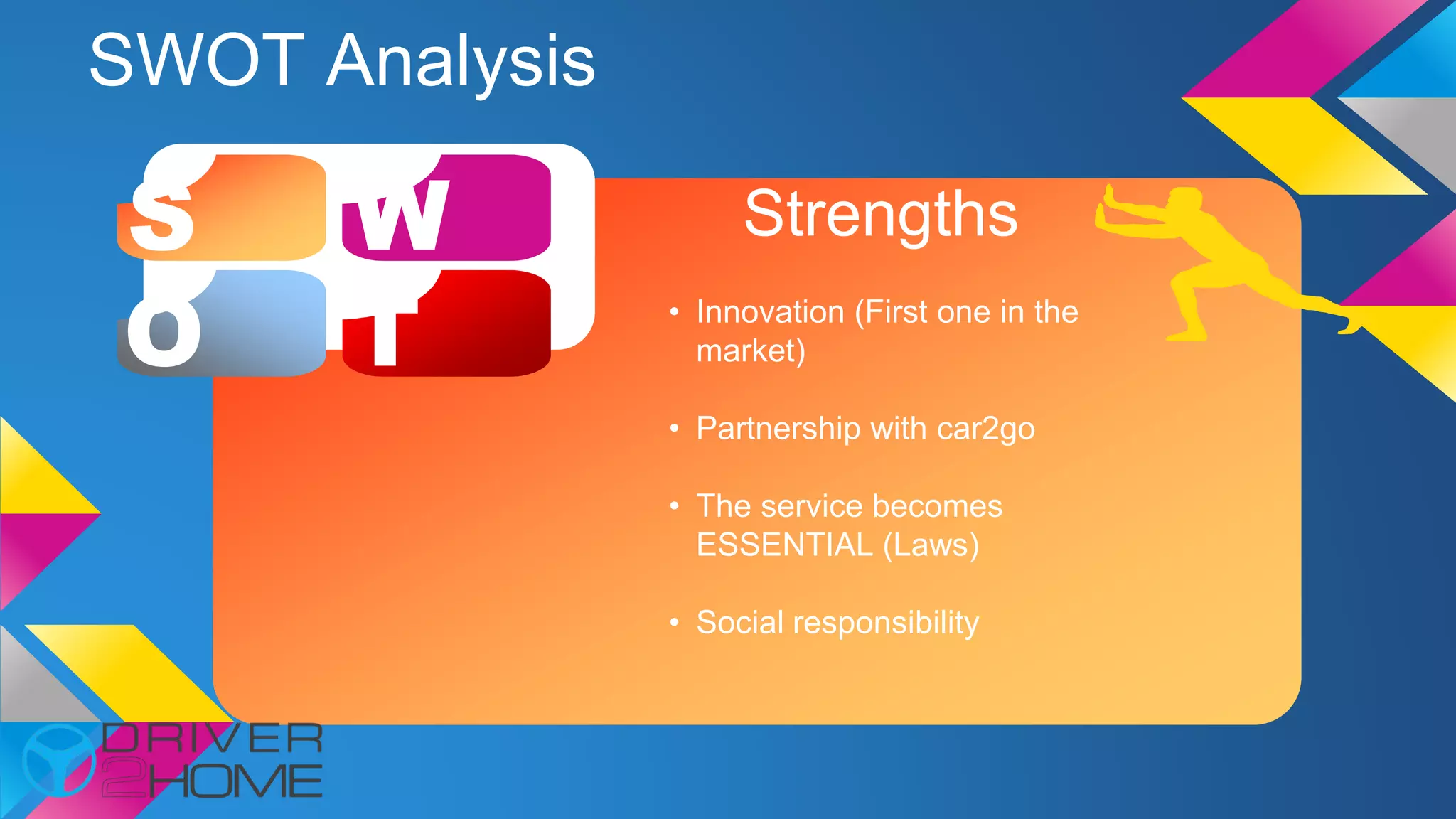 SWOT Analysis
S W
O T
Strengths
• Innovation (First one in the
market)
• Partnership with car2go
• The service becomes
ESSENTIAL (Laws)
• Social responsibility
 