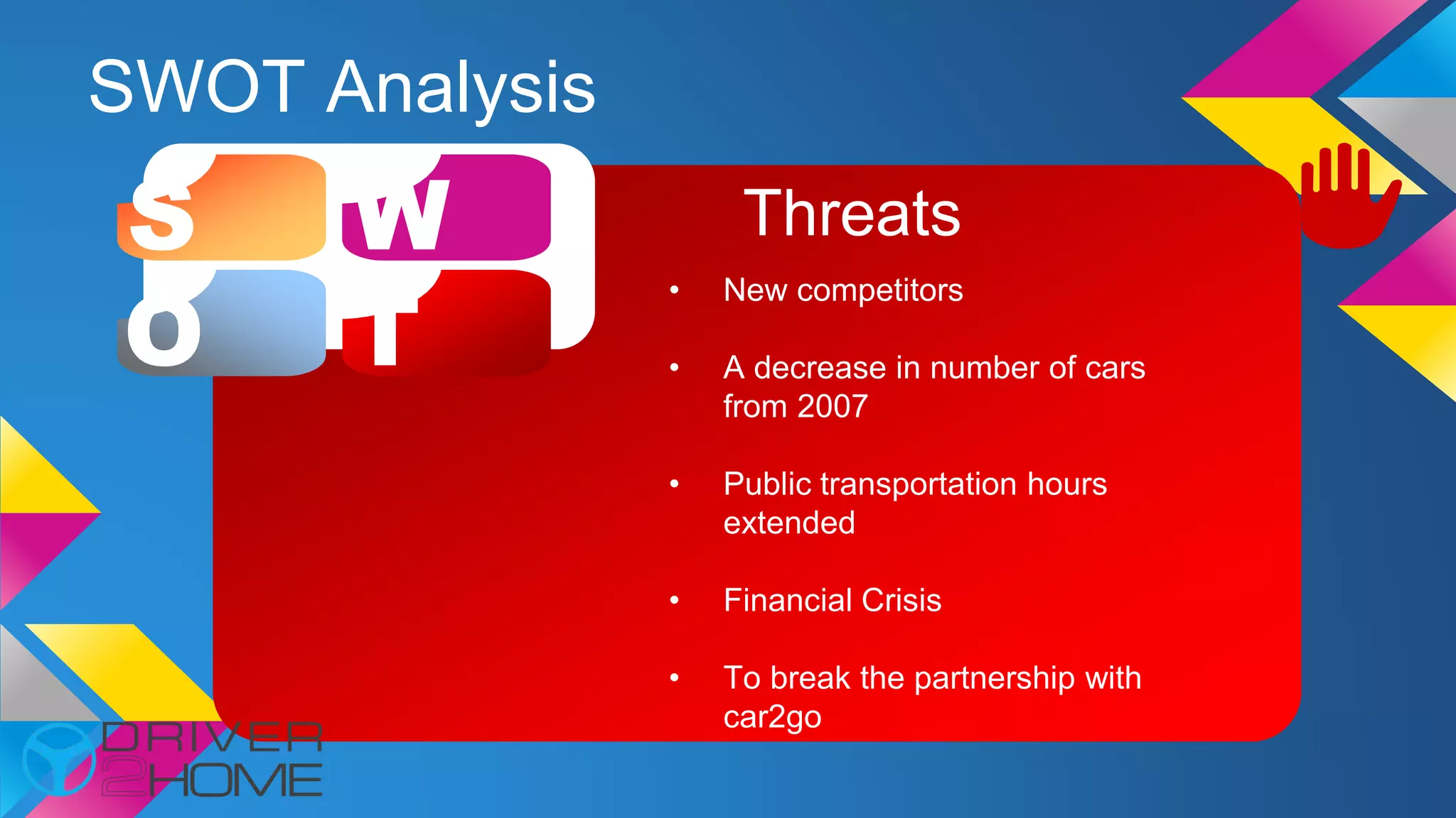 SWOT Analysis
S W
O T
Threats
• New competitors
• A decrease in number of cars
from 2007
• Public transportation hours
extended
• Financial Crisis
• To break the partnership with
car2go
 