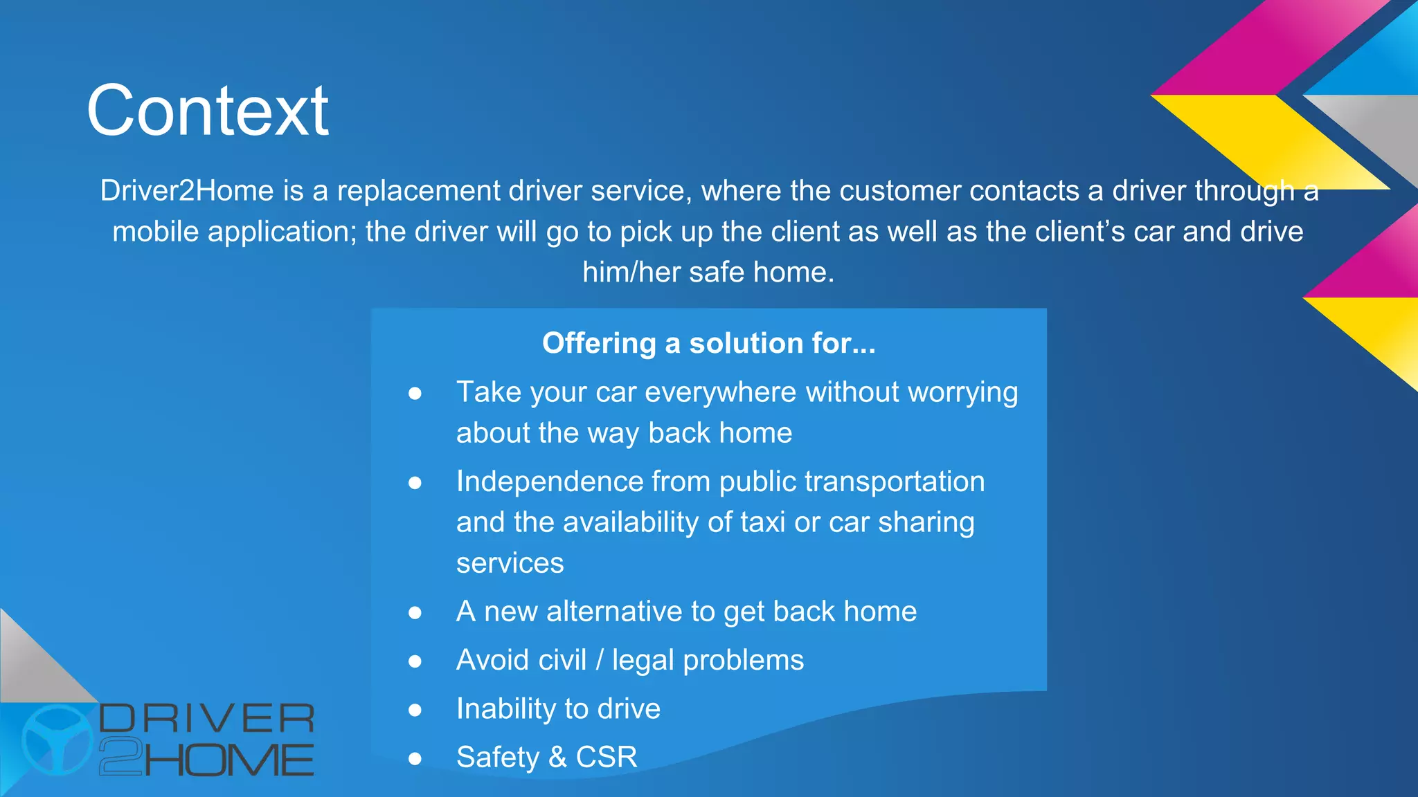 Context
Driver2Home is a replacement driver service, where the customer contacts a driver through a
mobile application; the driver will go to pick up the client as well as the client’s car and drive
him/her safe home.
Offering a solution for...
● Take your car everywhere without worrying
about the way back home
● Independence from public transportation
and the availability of taxi or car sharing
services
● A new alternative to get back home
● Avoid civil / legal problems
● Inability to drive
● Safety & CSR
 