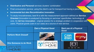 ● Distributive and Personal services clusters’ combination
● Final consumption service: using the client’s car for transport but having a personal driver
● Incremental but also Recombinative innovation
● To study innovativeness, best fit is with the measurement approach defined as Service
Oriented (Innovation is analyzed by focusing on serivices’ specificities: technology at
core. An Ad hoc innovation - original solution for a strategic problem in cooperation with
users. Physical goods (cars in our case) as a source of new service:
Own a Physical Good Rent use of a Physical
Good
Perform Work Oneself
Hire Someone to do Work
 