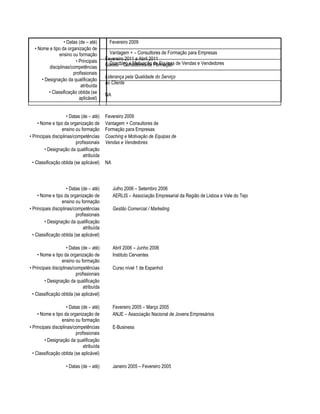 • Datas (de – até) Julho 2006 – Setembro 2006
• Nome e tipo da organização de
ensino ou formação
AERLIS – Associação Empresarial da Região de Lisboa e Vale do Tejo
• Principais disciplinas/competências
profissionais
Gestão Comercial / Marketing
• Designação da qualificação
atribuída
• Classificação obtida (se aplicável)
• Datas (de – até) Abril 2006 – Junho 2006
• Nome e tipo da organização de
ensino ou formação
Instituto Cervantes
• Principais disciplinas/competências
profissionais
Curso nível 1 de Espanhol
• Designação da qualificação
atribuída
• Classificação obtida (se aplicável)
• Datas (de – até) Fevereiro 2005 – Março 2005
• Nome e tipo da organização de
ensino ou formação
ANJE – Associação Nacional de Jovens Empresários
• Principais disciplinas/competências
profissionais
E-Business
• Designação da qualificação
atribuída
• Classificação obtida (se aplicável)
• Datas (de – até) Janeiro 2005 – Fevereiro 2005
• Datas (de – até)
• Nome e tipo da organização de
ensino ou formação
• Principais
disciplinas/competências
profissionais
• Designação da qualificação
atribuída
• Classificação obtida (se
aplicável)
Fevereiro 2009
Vantagem + – Consultores de Formação para Empresas
Coaching e Motivação de Equipas de Vendas e Vendedores
Fevereiro 2011 a Abril 2011
Galileu – Consultores de Formação
Liderança pela Qualidade do Serviço
ao Cliente
NA
• Datas (de – até) Fevereiro 2009
• Nome e tipo da organização de
ensino ou formação
Vantagem + Consultores de
Formação para Empresas
• Principais disciplinas/competências
profissionais
Coaching e Motivação de Equipas de
Vendas e Vendedores
• Designação da qualificação
atribuída
• Classificação obtida (se aplicável) NA
 