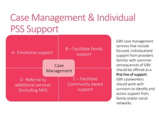 Case Management & Individual
PSS Support
A- Emotional support
B – Facilitate family
support
D- Referral to
additional services
(including MH)
C – Facilitate
Community based
support
Case
Management
GBV case management
services that include
focused, individualized
support from providers
familiar with common
consequences of GBV
should be offered as a
first line of support.
GBV caseworkers
should work with
survivors to identify and
access support from
family and/or social
networks.
 