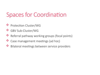 Spaces for Coordination
 Protection Cluster/WG
 GBV Sub-Cluster/WG
 Referral pathway working groups (focal points)
 Case management meetings (ad hoc)
 Bilateral meetings between service providers
 