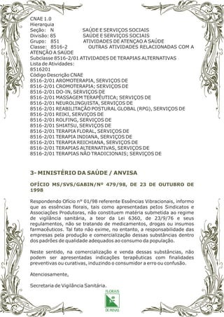 CNAE 1.0
Hierarquia
Seção: N SAÚDE E SERVIÇOS SOCIAIS
Divisão: 85 SAÚDE E SERVIÇOS SOCIAIS
Grupo: 851 ATIVIDADES DE ATENÇAO A SAÚDE
Classe: 8516-2 OUTRAS ATIVIDADES RELACIONADAS COM A
ATENÇÃO A SAÚDE
Subclasse 8516-2/01 ATIVIDADES DE TERAPIAS ALTERNATIVAS
Lista de Atividades:
8516201
Código Descrição CNAE
8516-2/01 AROMOTERAPIA, SERVIÇOS DE
8516-2/01 CROMOTERAPIA; SERVIÇOS DE
8516-2/01 DO-IN, SERVIÇOS DE
8516-2/01 MASSAGEM TERAPÊUTICA; SERVIÇOS DE
8516-2/01 NEUROLINGUISTA, SERVIÇOS DE
8516-2/01 REABILITAÇÃO POSTURAL GLOBAL (RPG), SERVIÇOS DE
8516-2/01 REIKI, SERVIÇOS DE
8516-2/01 ROLFING, SERVIÇOS DE
8516-2/01 SHIATSU, SERVIÇOS DE
8516-2/01 TERAPIA FLORAL, SERVIÇOS DE
8516-2/01 TERAPIA INDIANA, SERVIÇOS DE
8516-2/01 TERAPIA REICHIANA, SERVIÇOS DE
8516-2/01 TERAPIAS ALTERNATIVAS, SERVIÇOS DE
8516-2/01 TERAPIAS NÃO TRADICIONAIS; SERVIÇOS DE
Respondendo Ofício n° 01/98 referente Essências Vibracionais, informo
que as essências florais, tais como apresentadas peIos Sindicatos e
Associações Produtoras, não constituem matéria submetida ao regime
de vigilância sanitária, a teor da Lei 6360, de 23/9/76 e seus
regulamentos, não se tratando de medicamentos, drogas ou insumos
farmacêuticos. Tal fato não exime, no entanto, a responsabilidade das
empresas pela produção e comercialização dessas substâncias dentro
dos padrões de qualidade adequados ao consumo da população.
Neste sentido, na comercialização e venda dessas substâncias, não
podem ser apresentadas indicações terapêuticas com finalidades
preventivas ou curativas, induzindo o consumidor a erro ou confusão.
Atenciosamente,
Secretaria de Vigilância Sanitária.
3- MINISTÉRIO DA SAÚDE / ANVISA
OFÍCIO MS/SVS/GABIN/Nº 479/98, DE 23 DE OUTUBRO DE
1998
 