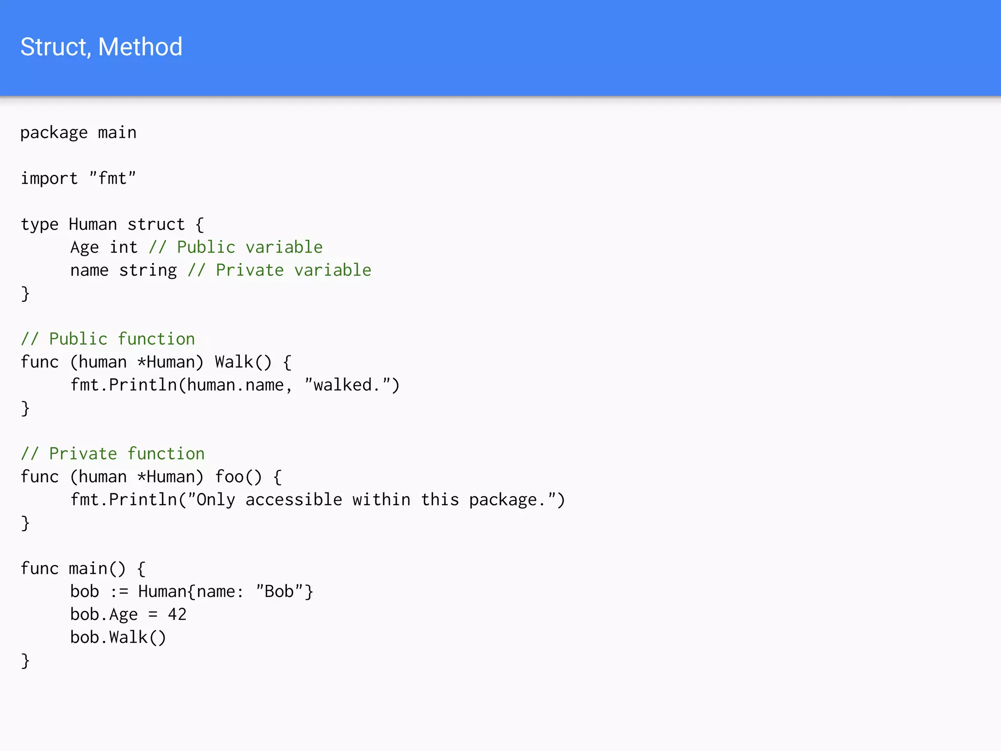 Struct, Method
package main
import "fmt"
type Human struct {
Age int // Public variable
name string // Private variable
}
// Public function
func (human *Human) Walk() {
fmt.Println(human.name, "walked.")
}
// Private function
func (human *Human) foo() {
fmt.Println("Only accessible within this package.")
}
func main() {
bob := Human{name: "Bob"}
bob.Age = 42
bob.Walk()
}
 