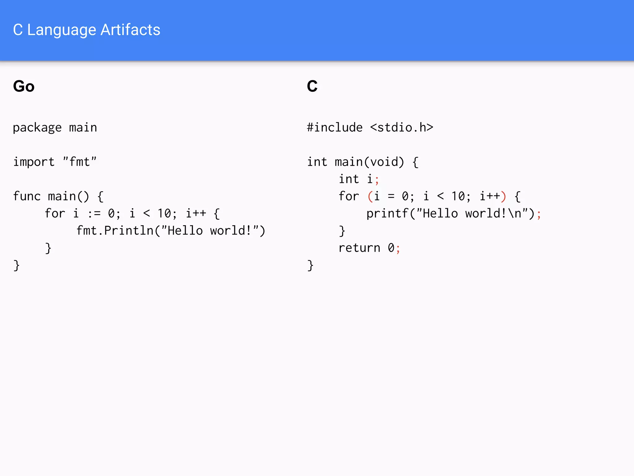 C Language Artifacts
package main
import "fmt"
func main() {
for i := 0; i < 10; i++ {
fmt.Println("Hello world!")
}
}
#include <stdio.h>
int main(void) {
int i;
for (i = 0; i < 10; i++) {
printf("Hello world!n");
}
return 0;
}
Go C
 