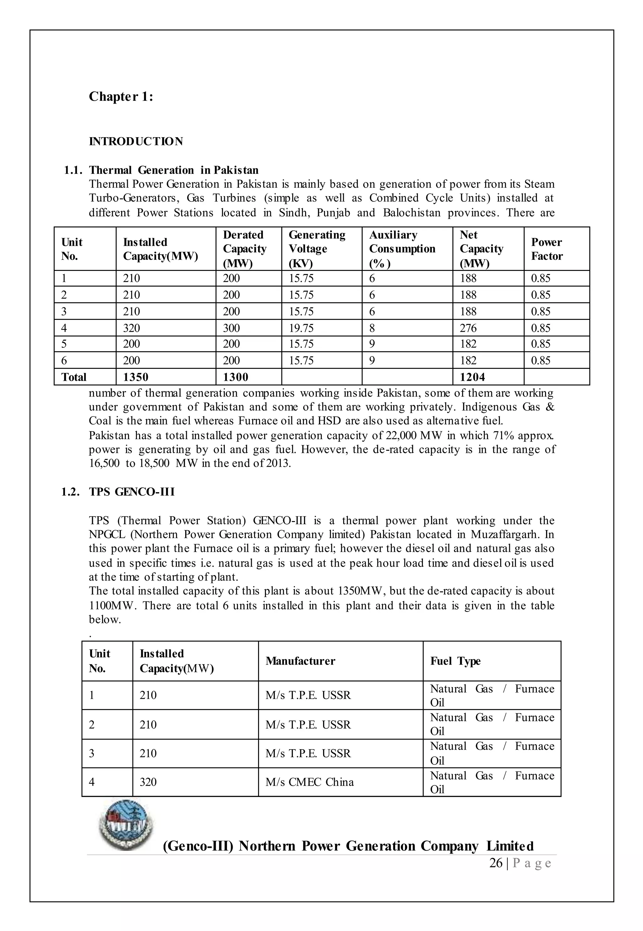 (Genco-III) Northern Power Generation Company Limited
26 | P a g e
Chapter 1:
INTRODUCTION
1.1. Thermal Generation in Pakistan
Thermal Power Generation in Pakistan is mainly based on generation of power from its Steam
Turbo-Generators, Gas Turbines (simple as well as Combined Cycle Units) installed at
different Power Stations located in Sindh, Punjab and Balochistan provinces. There are
number of thermal generation companies working inside Pakistan, some of them are working
under government of Pakistan and some of them are working privately. Indigenous Gas &
Coal is the main fuel whereas Furnace oil and HSD are also used as alternative fuel.
Pakistan has a total installed power generation capacity of 22,000 MW in which 71% approx.
power is generating by oil and gas fuel. However, the de-rated capacity is in the range of
16,500 to 18,500 MW in the end of 2013.
1.2. TPS GENCO-III
TPS (Thermal Power Station) GENCO-III is a thermal power plant working under the
NPGCL (Northern Power Generation Company limited) Pakistan located in Muzaffargarh. In
this power plant the Furnace oil is a primary fuel; however the diesel oil and natural gas also
used in specific times i.e. natural gas is used at the peak hour load time and diesel oil is used
at the time of starting of plant.
The total installed capacity of this plant is about 1350MW, but the de-rated capacity is about
1100MW. There are total 6 units installed in this plant and their data is given in the table
below.
.
Unit
No.
Installed
Capacity(MW)
Manufacturer Fuel Type
1 210 M/s T.P.E. USSR
Natural Gas / Furnace
Oil
2 210 M/s T.P.E. USSR
Natural Gas / Furnace
Oil
3 210 M/s T.P.E. USSR
Natural Gas / Furnace
Oil
4 320 M/s CMEC China
Natural Gas / Furnace
Oil
Unit
No.
Installed
Capacity(MW)
Derated
Capacity
(MW)
Generating
Voltage
(KV)
Auxiliary
Consumption
(% )
Net
Capacity
(MW)
Power
Factor
1 210 200 15.75 6 188 0.85
2 210 200 15.75 6 188 0.85
3 210 200 15.75 6 188 0.85
4 320 300 19.75 8 276 0.85
5 200 200 15.75 9 182 0.85
6 200 200 15.75 9 182 0.85
Total 1350 1300 1204
 