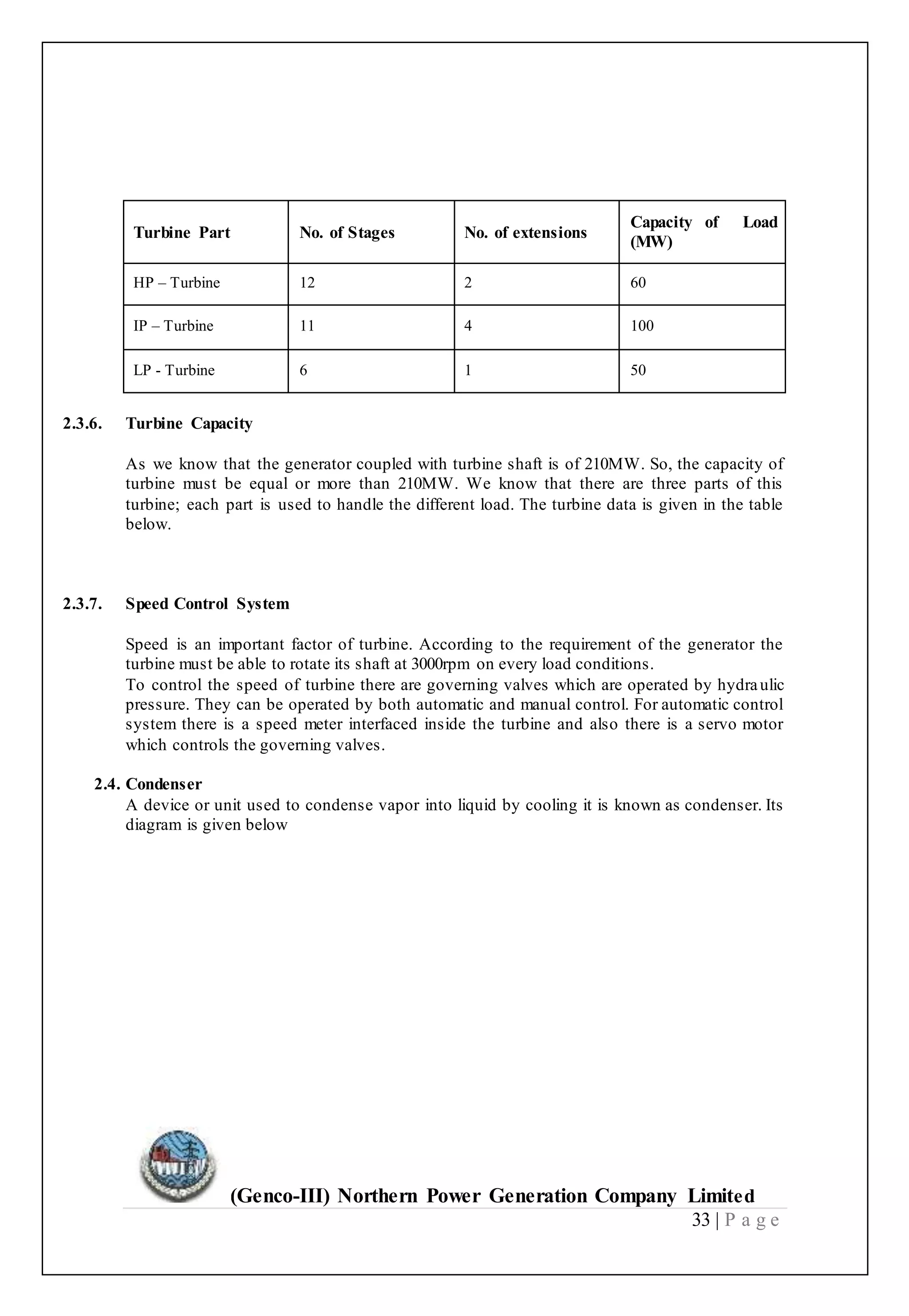 (Genco-III) Northern Power Generation Company Limited
33 | P a g e
2.3.6. Turbine Capacity
As we know that the generator coupled with turbine shaft is of 210MW. So, the capacity of
turbine must be equal or more than 210MW. We know that there are three parts of this
turbine; each part is used to handle the different load. The turbine data is given in the table
below.
2.3.7. Speed Control System
Speed is an important factor of turbine. According to the requirement of the generator the
turbine must be able to rotate its shaft at 3000rpm on every load conditions.
To control the speed of turbine there are governing valves which are operated by hydraulic
pressure. They can be operated by both automatic and manual control. For automatic control
system there is a speed meter interfaced inside the turbine and also there is a servo motor
which controls the governing valves.
2.4. Condenser
A device or unit used to condense vapor into liquid by cooling it is known as condenser. Its
diagram is given below
Turbine Part No. of Stages No. of extensions
Capacity of Load
(MW)
HP – Turbine 12 2 60
IP – Turbine 11 4 100
LP - Turbine 6 1 50
 