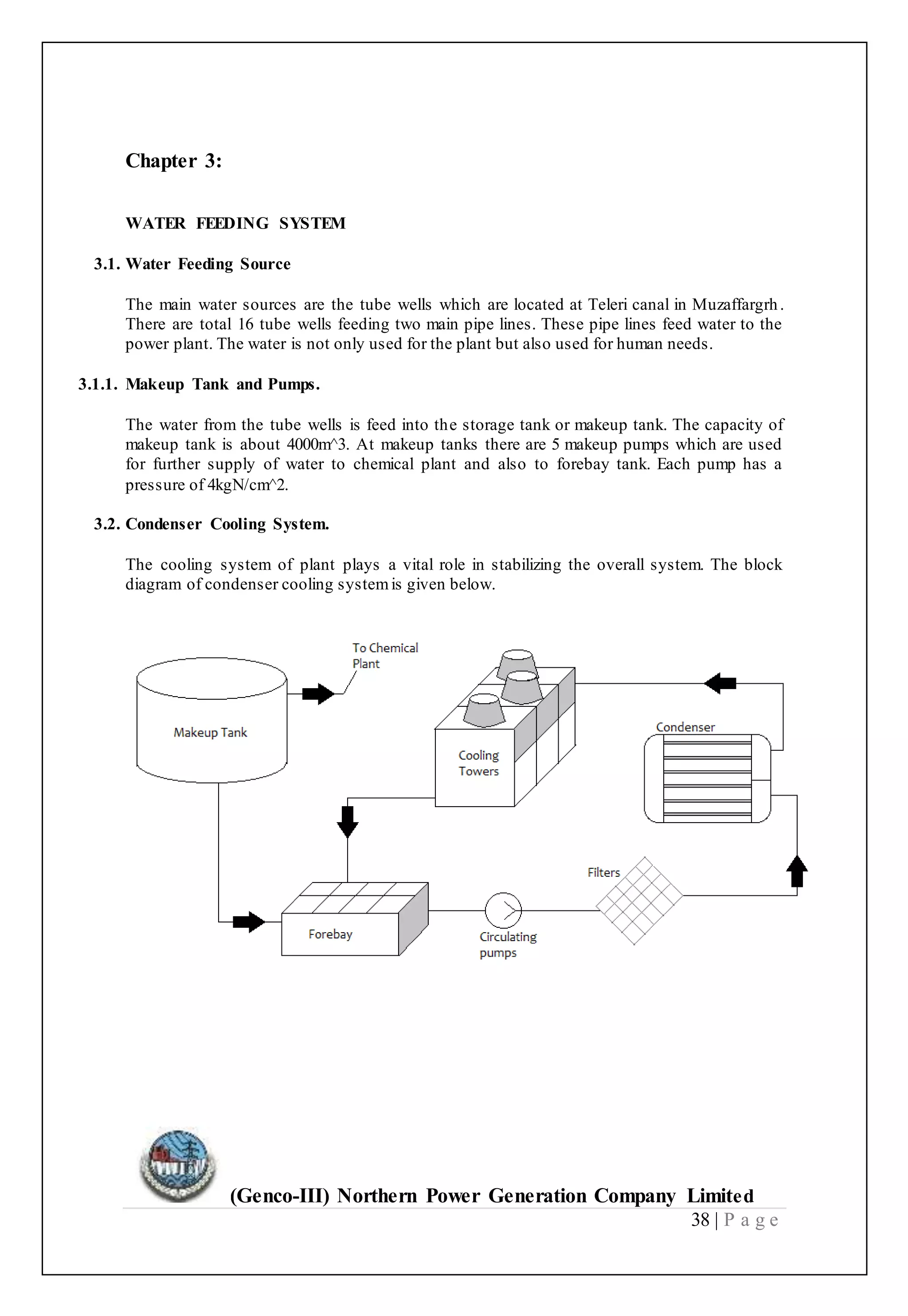 (Genco-III) Northern Power Generation Company Limited
38 | P a g e
Chapter 3:
WATER FEEDING SYSTEM
3.1. Water Feeding Source
The main water sources are the tube wells which are located at Teleri canal in Muzaffargrh.
There are total 16 tube wells feeding two main pipe lines. These pipe lines feed water to the
power plant. The water is not only used for the plant but also used for human needs.
3.1.1. Makeup Tank and Pumps.
The water from the tube wells is feed into the storage tank or makeup tank. The capacity of
makeup tank is about 4000m^3. At makeup tanks there are 5 makeup pumps which are used
for further supply of water to chemical plant and also to forebay tank. Each pump has a
pressure of 4kgN/cm^2.
3.2. Condenser Cooling System.
The cooling system of plant plays a vital role in stabilizing the overall system. The block
diagram of condenser cooling systemis given below.
 