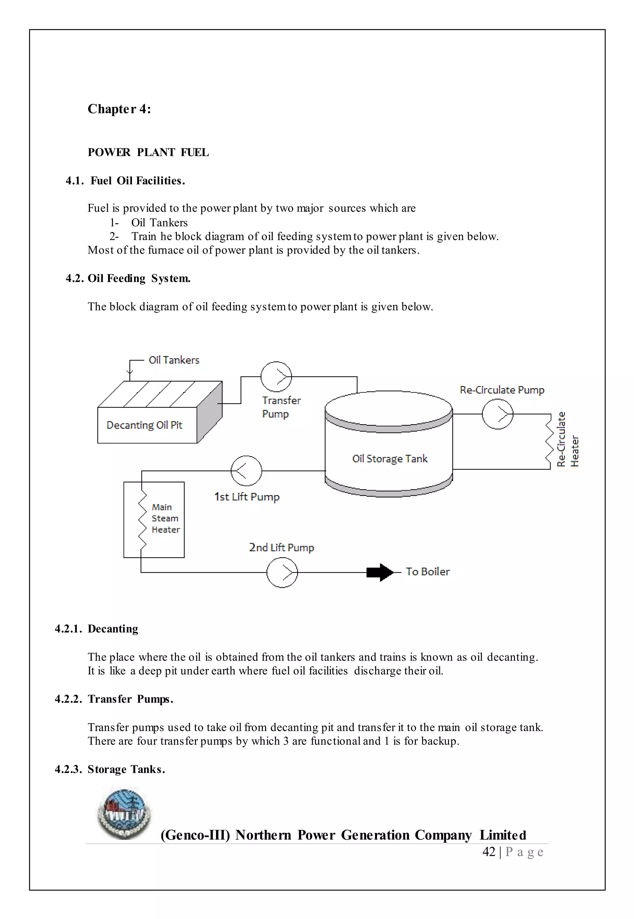 (Genco-III) Northern Power Generation Company Limited
42 | P a g e
Chapter 4:
POWER PLANT FUEL
4.1. Fuel Oil Facilities.
Fuel is provided to the power plant by two major sources which are
1- Oil Tankers
2- Train he block diagram of oil feeding systemto power plant is given below.
Most of the furnace oil of power plant is provided by the oil tankers.
4.2. Oil Feeding System.
The block diagram of oil feeding systemto power plant is given below.
4.2.1. Decanting
The place where the oil is obtained from the oil tankers and trains is known as oil decanting.
It is like a deep pit under earth where fuel oil facilities discharge their oil.
4.2.2. Transfer Pumps.
Transfer pumps used to take oil from decanting pit and transfer it to the main oil storage tank.
There are four transfer pumps by which 3 are functional and 1 is for backup.
4.2.3. Storage Tanks.
 