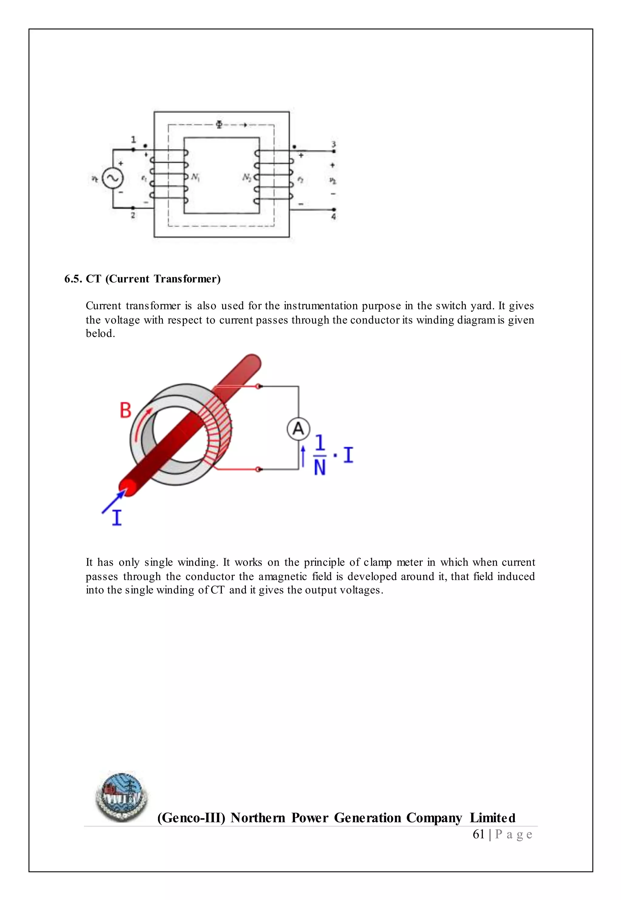 (Genco-III) Northern Power Generation Company Limited
61 | P a g e
6.5. CT (Current Transformer)
Current transformer is also used for the instrumentation purpose in the switch yard. It gives
the voltage with respect to current passes through the conductor its winding diagramis given
belod.
It has only single winding. It works on the principle of clamp meter in which when current
passes through the conductor the amagnetic field is developed around it, that field induced
into the single winding of CT and it gives the output voltages.
 