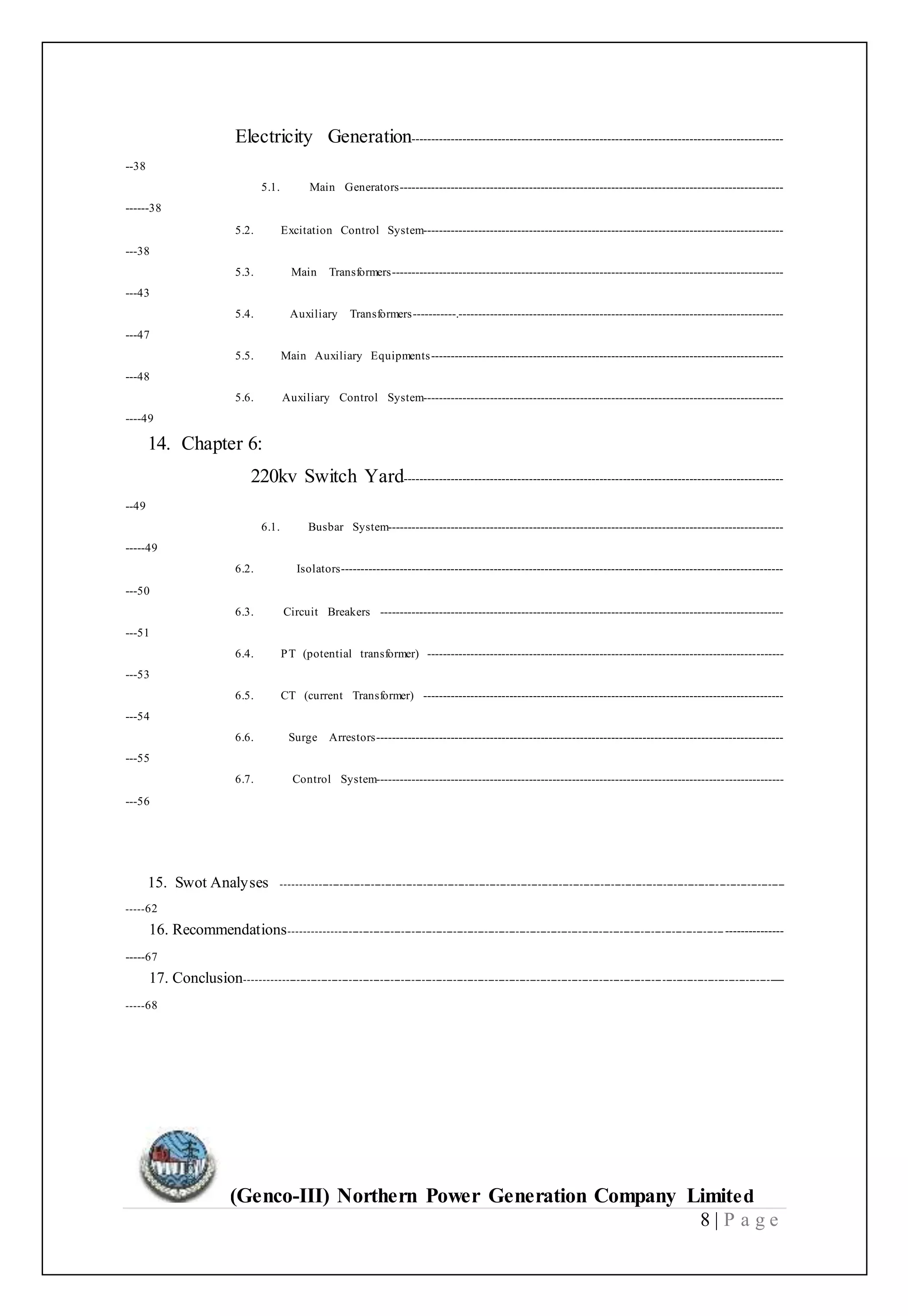 (Genco-III) Northern Power Generation Company Limited
8 | P a g e
Electricity Generation-----------------------------------------------------------------------------------------------
--38
5.1. Main Generators--------------------------------------------------------------------------------------------------
------38
5.2. Excitation Control System--------------------------------------------------------------------------------------------
---38
5.3. Main Transformers----------------------------------------------------------------------------------------------------
---43
5.4. Auxiliary Transformers-----------.-----------------------------------------------------------------------------------
---47
5.5. Main Auxiliary Equipments------------------------------------------------------------------------------------------
---48
5.6. Auxiliary Control System--------------------------------------------------------------------------------------------
----49
14. Chapter 6:
220kv Switch Yard-------------------------------------------------------------------------------------------------
--49
6.1. Busbar System-----------------------------------------------------------------------------------------------------
-----49
6.2. Isolators-----------------------------------------------------------------------------------------------------------------
---50
6.3. Circuit Breakers -------------------------------------------------------------------------------------------------------
---51
6.4. PT (potential transformer) -------------------------------------------------------------------------------------------
---53
6.5. CT (current Transformer) --------------------------------------------------------------------------------------------
---54
6.6. Surge Arrestors--------------------------------------------------------------------------------------------------------
---55
6.7. Control System--------------------------------------------------------------------------------------------------------
---56
15. Swot Analyses ------------------------------------------------------------------------------------------------------------------------------------------------
-----62
16. Recommendations-------------------------------------------------------------------------------------------------------------------------------------------
-----67
17. Conclusion-----------------------------------------------------------------------------------------------------------------------------------------------------------
-----68
 