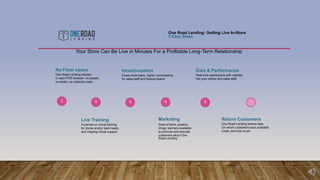 One Road Lending: Getting Live In-Store
5 Easy Steps
1 2 3 4 5
Your Store Can Be Live in Minutes For a Profitable Long-Term Relationship
No Floor space
One Road Lending resides
in each POS browser: no people,
no desks, no collection calls
Live Training
In-person or virtual training
for stores and/or team leads,
and ongoing virtual support
Incentivization
Close more sales, higher commissions
for sales staff and finance teams
Marketing
Suite of tents, posters,
clings, banners available
to promote and educate
customers about One
Road Lending
Data & Performance
Real-time dashboards with visibility
into your stores and sales staff
Return Customers
One Road Lending shares data
On which customers have available
credit, and how much
 