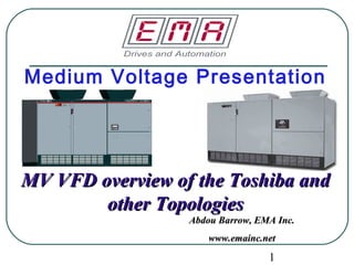 1
Medium Voltage Presentation
MV VFD overview of the Toshiba andMV VFD overview of the Toshiba and
other Topologiesother Topologies
Abdou Barrow, EMA Inc.Abdou Barrow, EMA Inc.
www.emainc.netwww.emainc.net
 