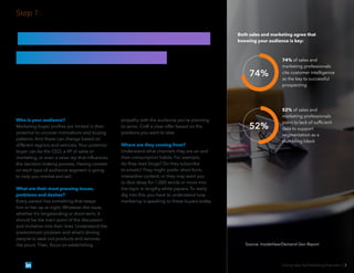Solving Sales And Marketing Alignment | 3
UNDERSTANDANDIDENTIFY
YOURTARGETBUYER
Creating a marketing and sales strategy without a clear understanding of your
audience segments is like going out to sea without any navigational tools. You’re
out taking action, but you’re not working toward a specific goal. This is a huge
waste of time and money without clear potential for good ROI.
Who is your audience?
Marketing buyer profiles are limited in their
potential to uncover motivations and buying
patterns. And these can change based on
different regions and verticals. Your potential
buyer can be the CEO, a VP of sales or
marketing, or even a sales rep that influences
the decision-making process. Having context
on each type of audience segment is going
to help you market and sell.
What are their most pressing issues,
problems and desires?
Every person has something that keeps
him or her up at night. Whatever the issue,
whether it’s longstanding or short-term, it
should be the main point of the discussion
and invitation into their lives. Understand the
predominant problem and what’s driving
people to seek out products and services
like yours. Then, focus on establishing
52% of sales and
marketing professionals
point to lack of sufficient
data to support
segmentation as a
stumbling block
52%
74% of sales and
marketing professionals
cite customer intelligence
as the key to successful
prospecting
74%
Source: InsideView/Demand Gen Report
Step 1:
empathy with the audience you’re planning
to serve. Craft a clear offer based on the
positions you want to take.
Where are they coming from?
Understand what channels they are on and
their consumption habits. For example,
do they read blogs? Do they subscribe
to emails? They might prefer short-form,
interactive content, or they may want you
to dive deep for 1,000 words or more into
the topic in lengthy white papers. To really
dig into this, you have to understand how
marketing is speaking to these buyers today.
Both sales and marketing agree that
knowing your audience is key:
 