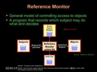 02/01/15 11
Reference Monitor
 General model of controlling access to objects
 A program that records which subject may do
what and decides
Source: Raytheon Systems
Audit Logs
Objects
Access
Control
Database
Request for
operation
Reference
Monitor
within OS
Authorized
Request
Subjects
What’s in this db?
Subjects: Processes, Users, Applications
Objects: records, blocks, pages, segments, files, directories, directory trees, programs, bits, bytes, words, fields,
video displays, keyboards, clocks, printers
 