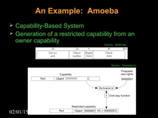 02/01/15 15
An Example: Amoeba
 Capability-Based System
 Generation of a restricted capability from an
owner capability
Source: Mullender
Source: Tanenbaum
 