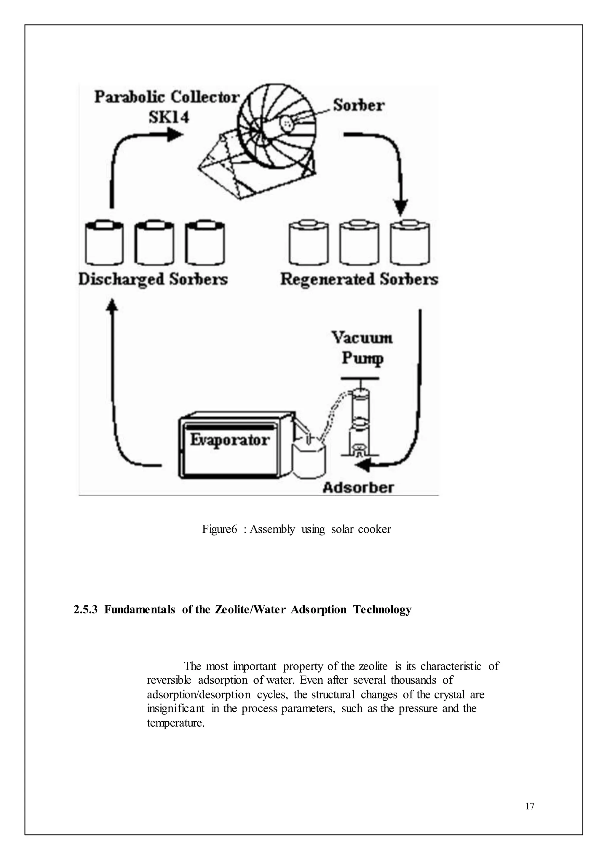 17
Figure6 : Assembly using solar cooker
2.5.3 Fundamentals of the Zeolite/Water Adsorption Technology
The most important property of the zeolite is its characteristic of
reversible adsorption of water. Even after several thousands of
adsorption/desorption cycles, the structural changes of the crystal are
insignificant in the process parameters, such as the pressure and the
temperature.
 