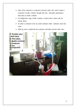 33
 Input of the evaporator is connected to pressure relief valve and its output is
connected to zeolite container through ball valve. Adsorption phenomenon
takes place in zeolite container.
 For refrigeration stage, Zeolite container is kept in direct contact with the
electric heater.
 Its outlet is connected to the air cooled condenser which condenses steam into
water.
 Make up water is added after the condenser and before pressure relief valve.
 