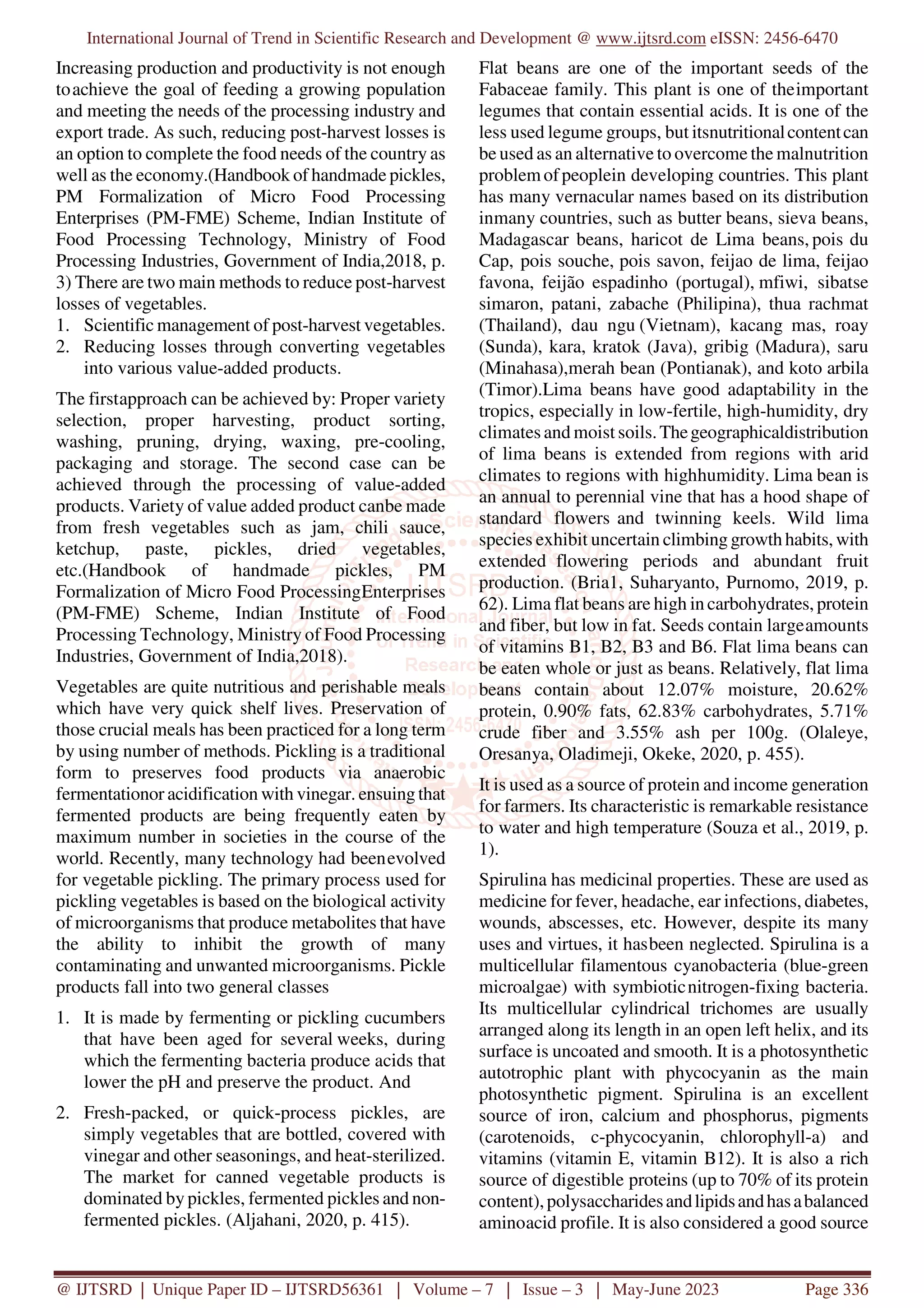 Development of Flat Lima Beans Pickles Enriched with Spirulina | PDF