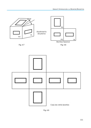111
Unidad 4. Introducción a la Geomtría Descriptiva
Abatimiento
de planos
Montea triplanar
PV PL
PH
PH
PV
PL
Fig. 4.7 Fig. 4.8
Caja de cristal abatida
Fig. 4.9
 