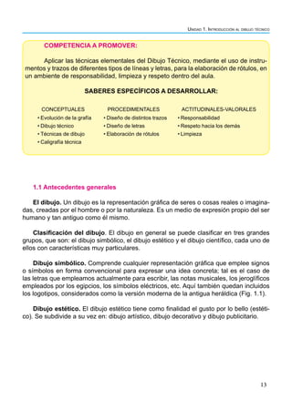 Unidad 1. Introducción al dibujo técnico
13
COMPETENCIA A PROMOVER:
Aplicar las técnicas elementales del Dibujo Técnico, mediante el uso de instru-
mentos y trazos de diferentes tipos de líneas y letras, para la elaboración de rótulos, en
un ambiente de responsabilidad, limpieza y respeto dentro del aula.
SABERES ESPECÍFICOS A DESARROLLAR:
1.1 Antecedentes generales
El dibujo. Un dibujo es la representación gráfica de seres o cosas reales o imagina-
das, creadas por el hombre o por la naturaleza. Es un medio de expresión propio del ser
humano y tan antiguo como él mismo.
Clasificación del dibujo. El dibujo en general se puede clasificar en tres grandes
grupos, que son: el dibujo simbólico, el dibujo estético y el dibujo científico, cada uno de
ellos con características muy particulares.
Dibujo simbólico. Comprende cualquier representación gráfica que emplee signos
o símbolos en forma convencional para expresar una idea concreta; tal es el caso de
las letras que empleamos actualmente para escribir, las notas musicales, los jeroglíficos
empleados por los egipcios, los símbolos eléctricos, etc. Aquí también quedan incluidos
los logotipos, considerados como la versión moderna de la antigua heráldica (Fig. 1.1).
Dibujo estético. El dibujo estético tiene como finalidad el gusto por lo bello (estéti-
co). Se subdivide a su vez en: dibujo artístico, dibujo decorativo y dibujo publicitario.
CONCEPTUALES PROCEDIMENTALES ACTITUDINALES-VALORALES
• Evolución de la grafía • Diseño de distintos trazos • Responsabilidad
• Dibujo técnico • Diseño de letras • Respeto hacia los demás
• Técnicas de dibujo • Elaboración de rótulos • Limpieza
• Caligrafía técnica
 