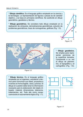 DIBUJO TÉCNICO I
16
* Dibujo científico. Es el lenguaje gráfico empleado en la ciencia y
la tecnología. La representación de figuras o piezas es de carácter
objetivo, y se basa en principios científicos. Se subdivide en dibujo
geométrico, geodésico y técnico.
* Dibujo geométrico. Se considera todo dibujo empleado en la
realización de cómputos, demostraciones geométricas, solución de
problemas geométricos, trazo de nomogramas, gráficas (Fig. 1.5).
45°
C A
b
D
b
-
c
C
a
B
* Dibujo geodésico.
Se emplea para repre-
sentar porciones de
la superficie terrestre.
Comprende a su vez
el dibujo de planime-
tría, el topográfico y el
cartográfico (Fig. 1.6).
Figura 1.5
Figura 1.6
* Dibujo técnico. Es el lenguaje gráfico
empleado por el ingeniero, arquitecto o téc-
nico para comunicar sus ideas, proyectos e
inventos en forma legible, clara y precisa. El
dibujo en cuestión debe tener la información
necesaria para la elaboración del objeto di-
bujado: material, dimensiones, tolerancia,
tratamientos, etc. Todo ello como conse-
cuencia de un razonamiento lógico (Fig. 1.7).
10
10
20
10
10
20
Figura 1.7
 