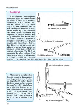DIBUJO TÉCNICO I
30
EL COMPÁS
El compás es un instrumento que
se emplea según las características
del dibujo. Existen en el mercado
diferentes tipos de compases como
son: el compás de puntas secas
(Fig. 1.20), que se emplea para to-
mar y transportar medidas; el com-
pás de bomba (Fig. 1.21), empleado
para trazar círculos de diámetro muy
pequeños; el compás común (Fig.
1.22), empleado para trazar círcu-
los hasta de 250 mm de diámetro; el
compás de extensión (Fig. 1.23), que
se utiliza para trazar círculos de gran-
des diámetros; los compases con
aditamento para entintar (puede ser
cualquier compás que admita los di-
ferentes aditamentos) (Fig. 1.24); los
compases de taller, etcétera. Para
nuestro curso solamente utilizaremos
el compás conocido como bigotera
gigante (Fig. 1.25) ya que ofrece un buen grado de precisión en los trazos.
Al emplear el compás deben
tenerse en cuenta dos aspectos
muy importantes: a) la longitud
de las puntas (de metal y de car-
bón) que debe ser la misma en
las dos (Fig. 1.26) y b) el afilado
de la mina, que debe ser en for-
ma de bisel para trazos delgados
y en forma esférica para trazos
gruesos (Fig. 1.27 a y b). En el
primer caso debe emplearse
mina 2H y en el segundo, mina
HB.
Fig. 1.21 Compás de bomba
Fig. 1.20 Compás de puntas secas
Fig. 1.22 Compás común
Fig. 1.23 Compás con extensión
Fig. 1.24 Compás
con tiralíneas
Fig. 1.25 Bigotera gigante
 