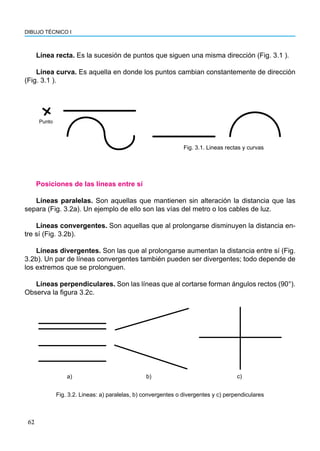 62
DIBUJO TÉCNICO I
Línea recta. Es la sucesión de puntos que siguen una misma dirección (Fig. 3.1 ).
Línea curva. Es aquella en donde los puntos cambian constantemente de dirección
(Fig. 3.1 ).
Punto
Fig. 3.1. Lineas rectas y curvas
Posiciones de las líneas entre sí
Líneas paralelas. Son aquellas que mantienen sin alteración la distancia que las
separa (Fig. 3.2a). Un ejemplo de ello son las vías del metro o los cables de luz.
Líneas convergentes. Son aquellas que al prolongarse disminuyen la distancia en-
tre sí (Fig. 3.2b).
Líneas divergentes. Son las que al prolongarse aumentan la distancia entre sí (Fig.
3.2b). Un par de líneas convergentes también pueden ser divergentes; todo depende de
los extremos que se prolonguen.
Líneas perpendiculares. Son las líneas que al cortarse forman ángulos rectos (90°).
Observa la figura 3.2c.
a) b)
Fig. 3.2. Lineas: a) paralelas, b) convergentes o divergentes y c) perpendiculares
c)
 