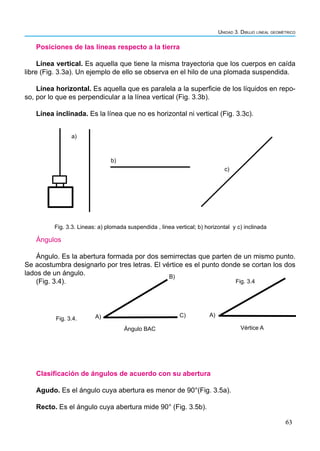 63
Unidad 3. Dibujo lineal geométrico
Posiciones de las líneas respecto a la tierra
Línea vertical. Es aquella que tiene la misma trayectoria que los cuerpos en caída
libre (Fig. 3.3a). Un ejemplo de ello se observa en el hilo de una plomada suspendida.
Línea horizontal. Es aquella que es paralela a la superficie de los líquidos en repo-
so, por lo que es perpendicular a la línea vertical (Fig. 3.3b).
Línea inclinada. Es la línea que no es horizontal ni vertical (Fig. 3.3c).
a)
b)
c)
Fig. 3.3. Lineas: a) plomada suspendida , linea vertical; b) horizontal y c) inclinada
Ángulos
Ángulo. Es la abertura formada por dos semirrectas que parten de un mismo punto.
Se acostumbra designarlo por tres letras. El vértice es el punto donde se cortan los dos
lados de un ángulo.
(Fig. 3.4).
A)
B)
C)
Ángulo BAC
A)
Vértice A
Fig. 3.4
Clasificación de ángulos de acuerdo con su abertura
Agudo. Es el ángulo cuya abertura es menor de 90°(Fig. 3.5a).
Recto. Es el ángulo cuya abertura mide 90° (Fig. 3.5b).
Fig. 3.4.
 