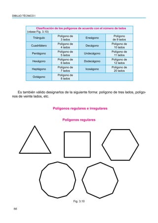 66
DIBUJO TÉCNICO I
Clasificación de los polígonos de acuerdo con el número de lados
(véase Fig. 3.10)
Triángulo
Polígono de
3 lados
Eneágono
Polígono
de 9 lados
Cuadrilátero
Polígono de
4 lados
Decágono
Polígono de
10 lados
Pentágono
Polígono de
5 lados
Undecágono
Polígono de
11 lados
Hexágono
Polígono de
6 lados
Dodecágono
Polígono de
12 lados
Heptágono
Polígono de
7 lados
Icoságono
Polígono de
20 lados
Octágono
Polígono de
8 lados
Es también válido designarlos de la siguiente forma: polígono de tres lados, polígo-
nos de veinte lados, etc.
Fig. 3.10
Polígonos regulares
Polígonos regulares e irregulares
 