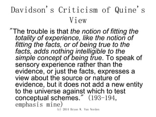 (c) 2014 Bryan W. Van Norden
Davidson's Criticism of Quine's
View
"The trouble is that the notion of fitting the
totality of experience, like the notion of
fitting the facts, or of being true to the
facts, adds nothing intelligible to the
simple concept of being true. To speak of
sensory experience rather than the
evidence, or just the facts, expresses a
view about the source or nature of
evidence, but it does not add a new entity
to the universe against which to test
conceptual schemes." (193-194,
emphasis mine)
 