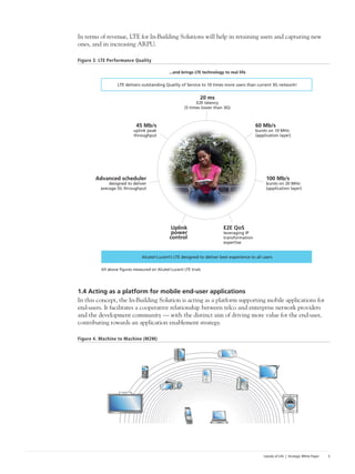 Islands of Life | Strategic White Paper 3
In terms of revenue, LTE for In-Building Solutions will help in retaining users and capturing new
ones, and in increasing ARPU.
Figure 3. LTE Performance Quality
1.4 Acting as a platform for mobile end-user applications
In this concept, the In-Building Solution is acting as a platform supporting mobile applications for
end-users. It facilitates a cooperative relationship between telco and enterprise network providers
and the development community — with the distinct aim of driving more value for the end-user,
contributing towards an application enablement strategy.
Figure 4. Machine to Machine (M2M)
20 ms
E2E latency
(5 times lower than 3G)
LTE delivers outstanding Quality of Service to 10 times more users than current 3G network!
...and brings LTE technology to real life
60 Mb/s
bursts on 10 MHz
(application layer)
100 Mb/s
bursts on 20 MHz
(application layer)
Advanced scheduler
designed to deliver
average DL throughput
45 Mb/s
uplink peak
throughput
E2E QoS
leveraging IP
transformation
expertise
Uplink
power
control
Alcatel-Lucent’s LTE designed to deliver best experience to all users
All above ﬁgures measured on Alcatel-Lucent LTE trials
 